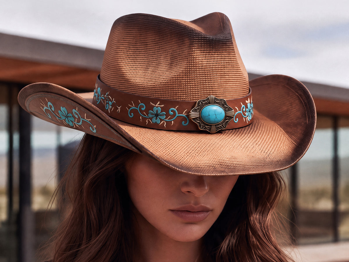 Femme portant un chapeau de cowboy marron à bandeau turquoise