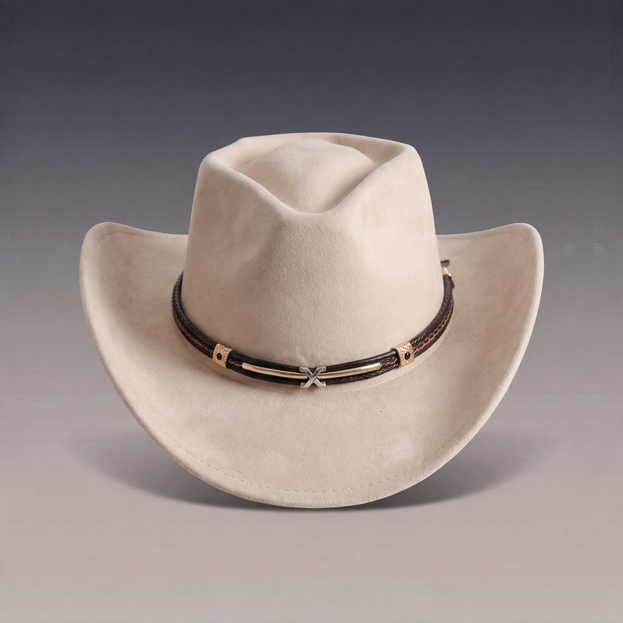 Chapeau de cowboy Tennessee crème à finition veloutée, fin bandeau tressé, vu de face