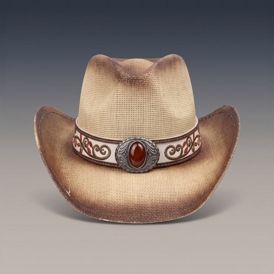 Chapeau de cowboy Santa Rosa en paille claire patinée, bandeau fleuri à pierre rouge, vu de face