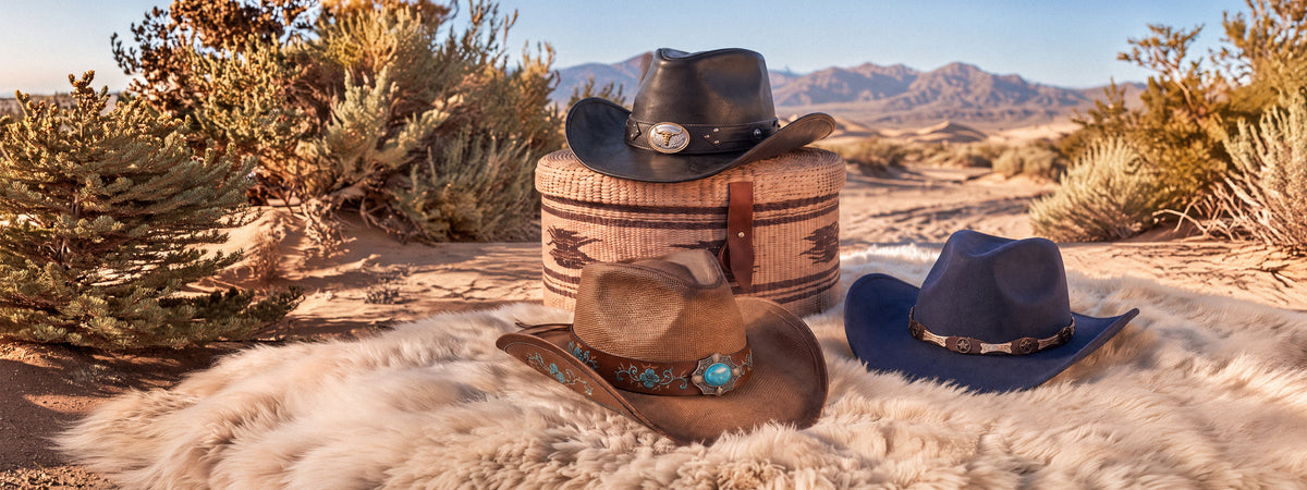 Chapeaux de cowboy et boîte à chapeau posés sur une peau de mouton dans le désert