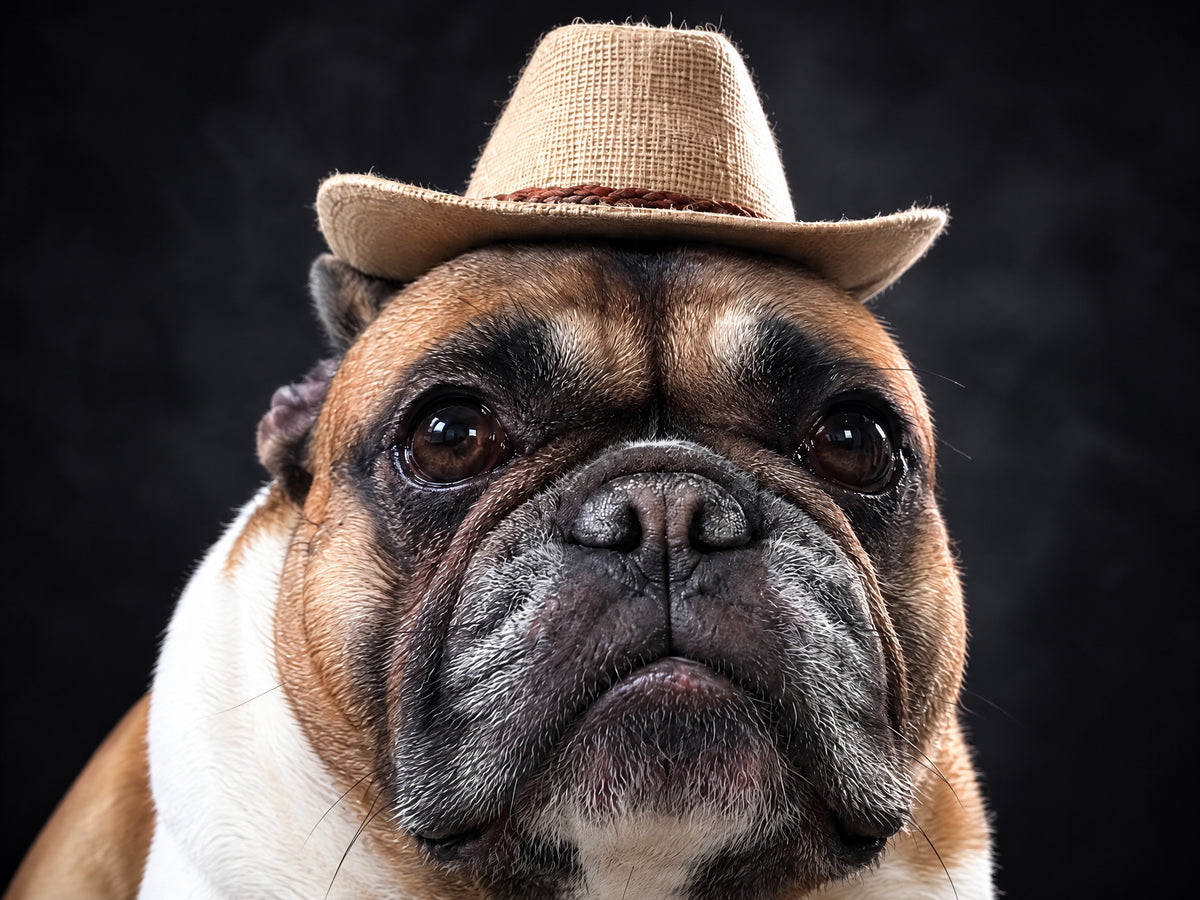 Bouledogue coiffé d'un chapeau de cowboy beige