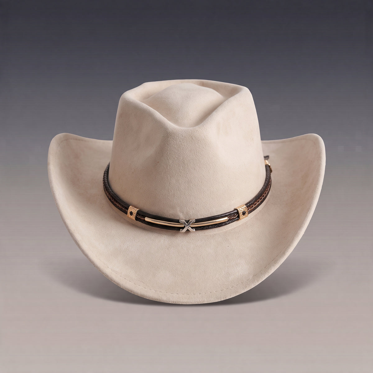 Chapeau de cowboy Tennessee crème à finition veloutée, fin bandeau tressé, vu de face