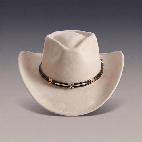 Chapeau de cowboy Tennessee crème à finition veloutée, fin bandeau tressé, vu de face