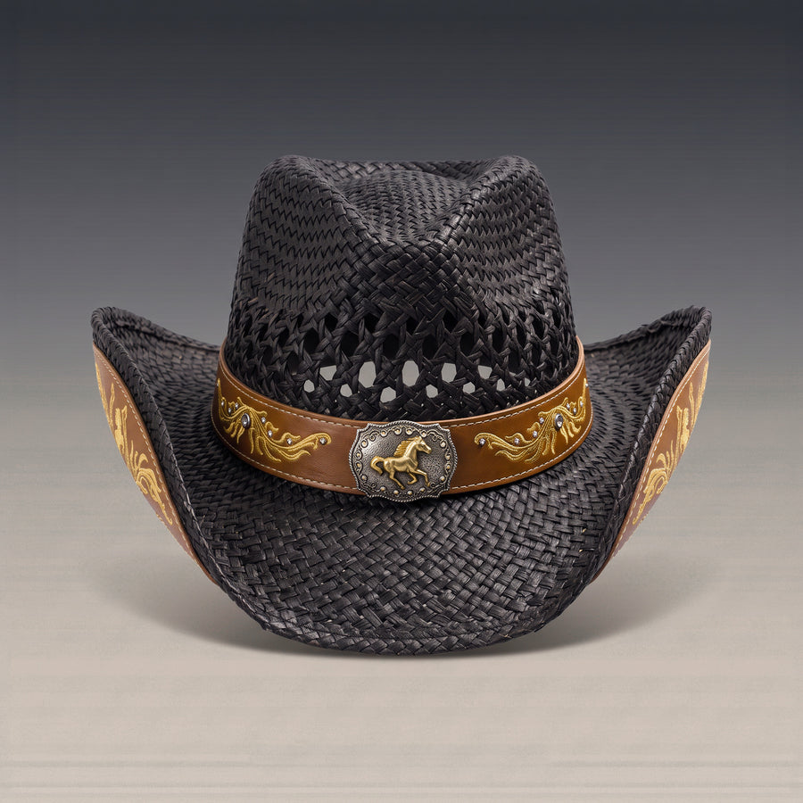 Chapeau de cowboy Desperado en paille noire ajourée, bandeau camel et concho cheval, vu de face