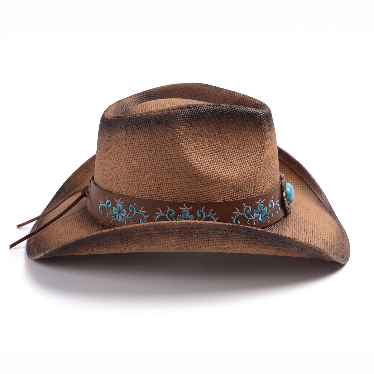 Chapeau de cowboy Arizona en paille à patine caramel, vu de profil avec son cordon de maintien