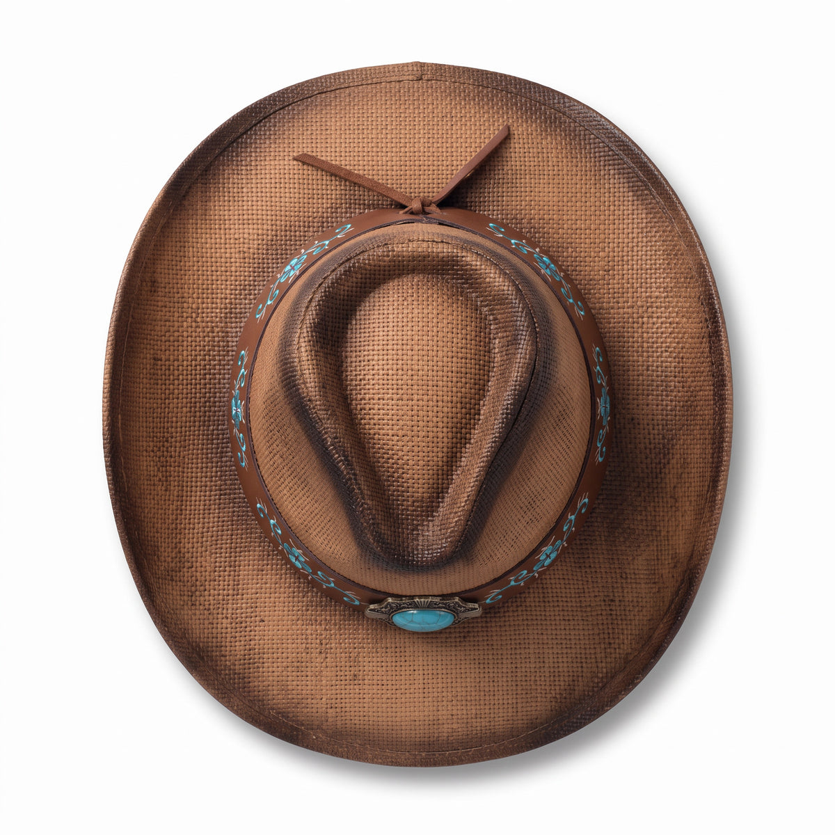 Chapeau de cowboy Arizona en paille à patine caramel, vu de dessus