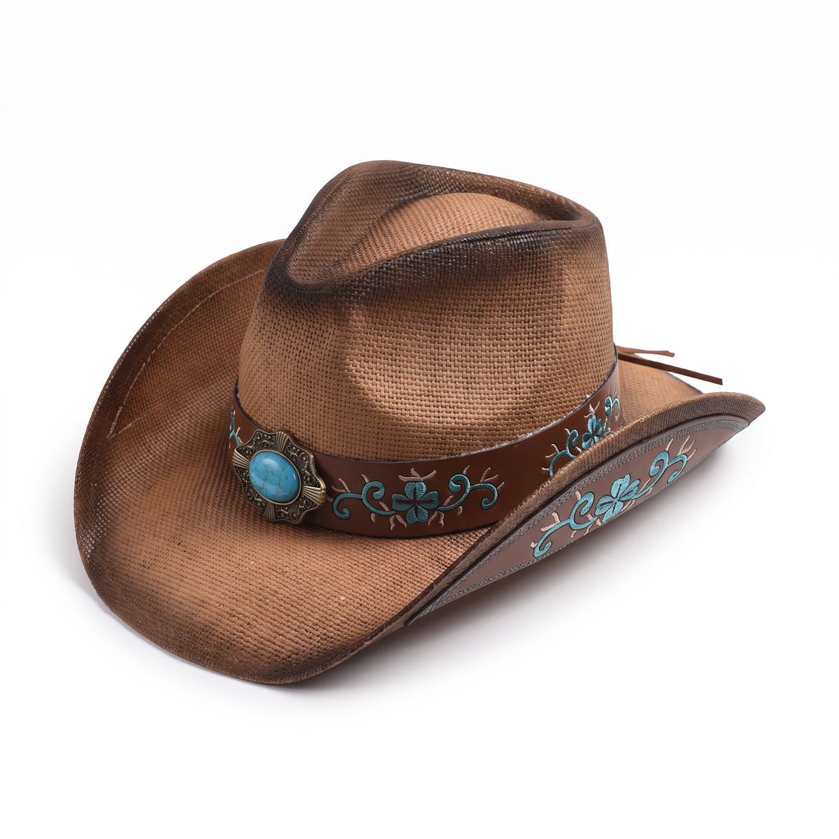 Chapeau de cowboy Arizona en paille à patine caramel, vu de trois quarts, dessous du bord brodé