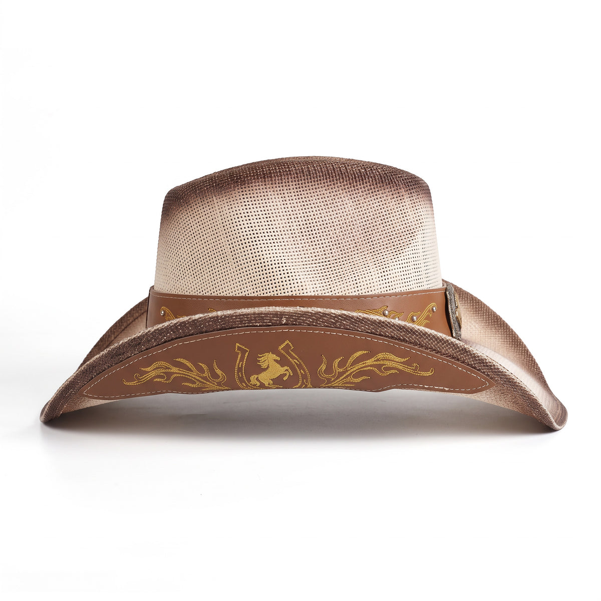 Chapeau de cowboy Cavalier en paille écrue patinée, vu de profil, dessous du bord décoré