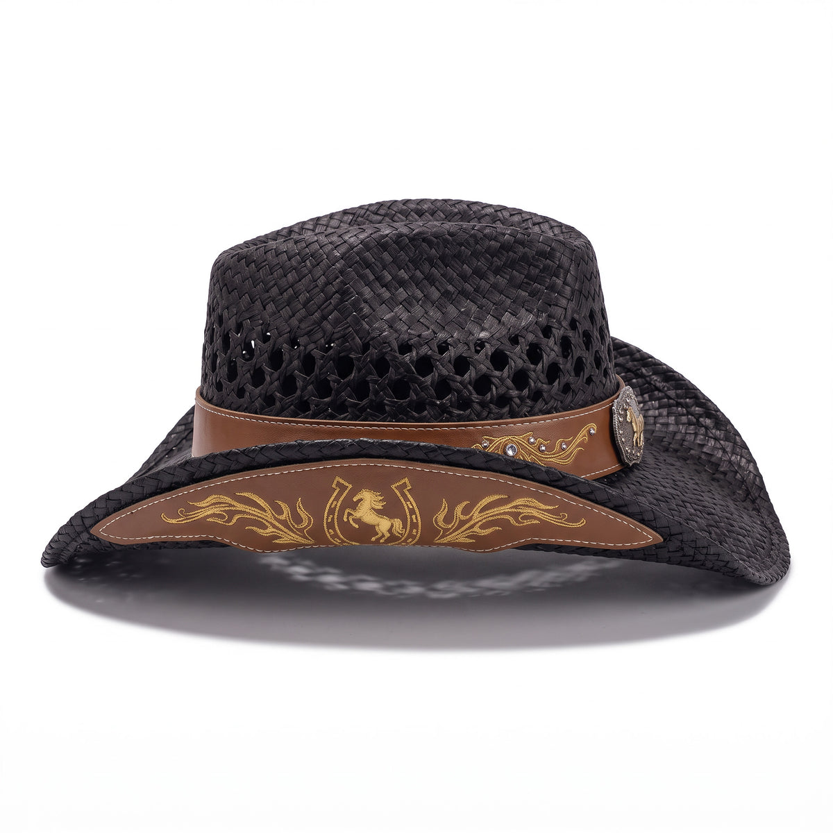 Chapeau de cowboy Desperado en paille noire ajourée, vu de profil, dessous du bord décoré