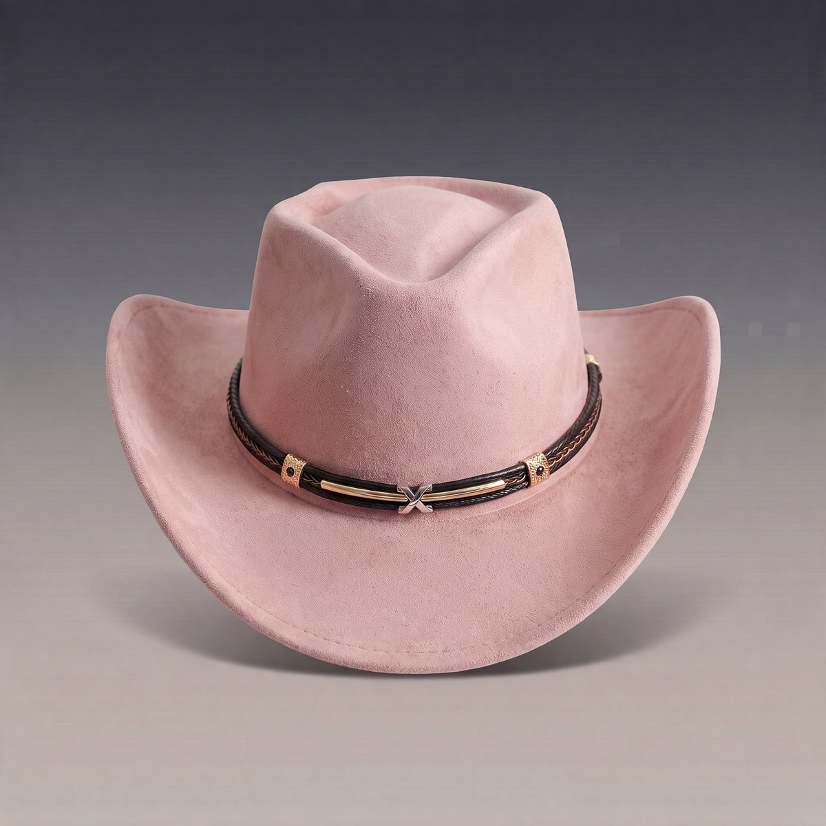 Chapeau de cowboy Tennessee rose à finition veloutée, fin bandeau tressé, vu de face