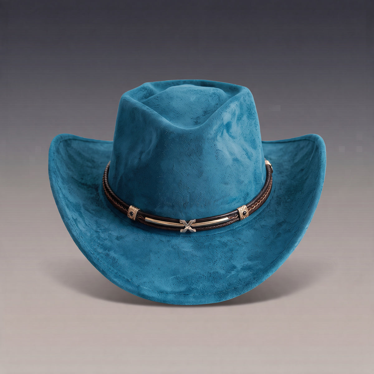 Chapeau de cowboy Tennessee bleu à finition veloutée, fin bandeau tressé, vu de face