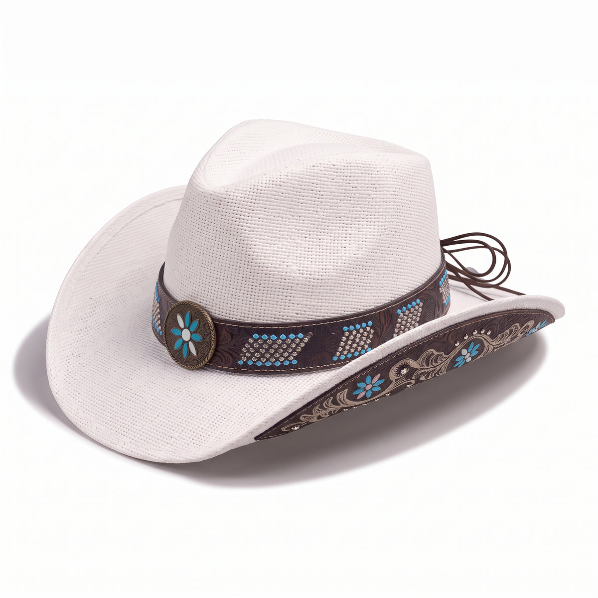 Chapeau de cowboy Azure en paille blanche, vu de trois quarts