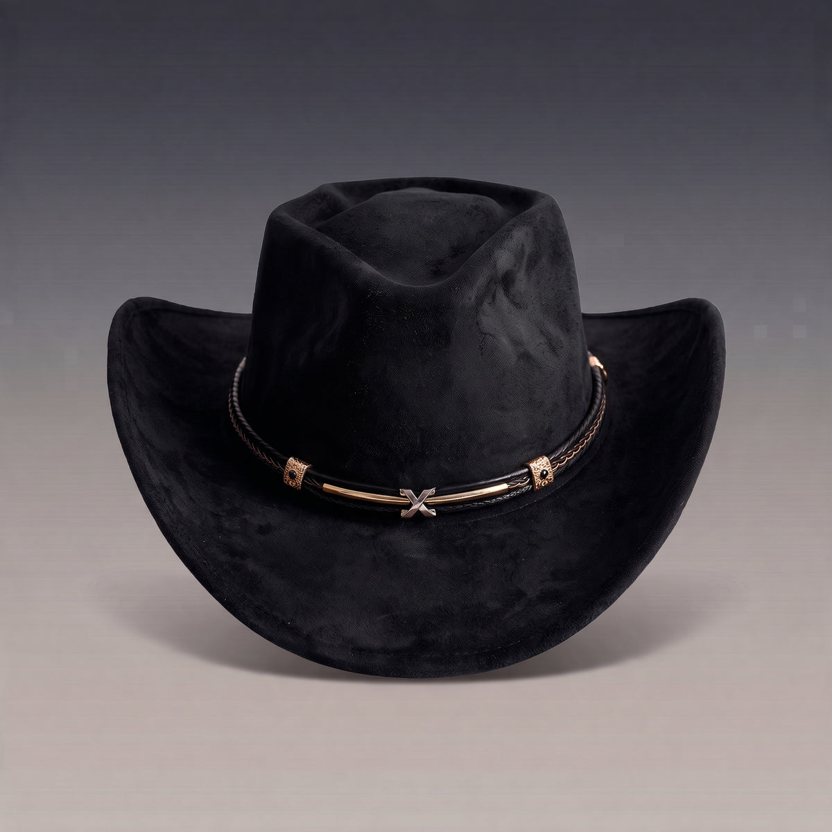 Chapeau de cowboy Tennessee noir à finition veloutée, fin bandeau tressé, vu de face