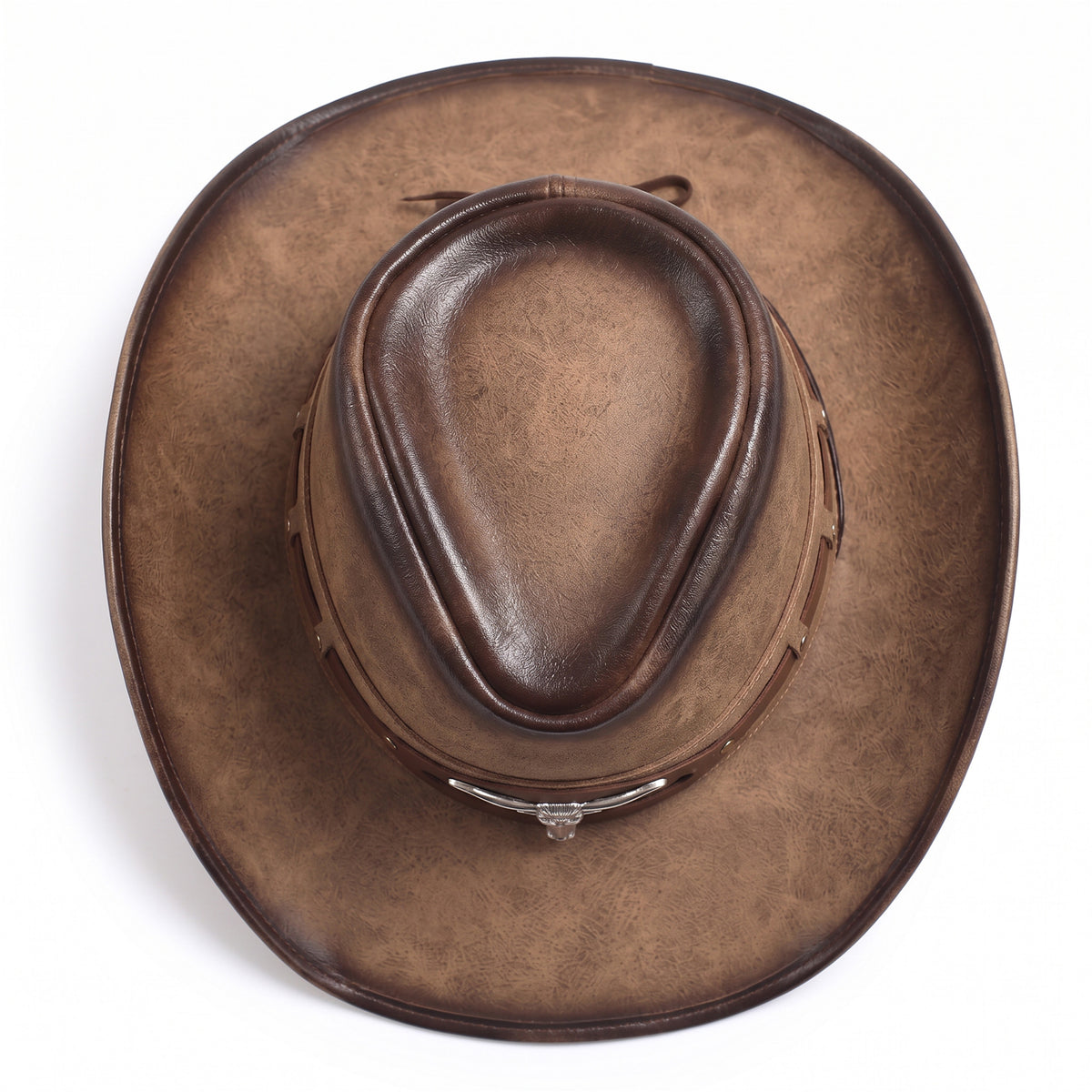 Chapeau de cowboy Maverick brun à patine acajou, vu de dessus
