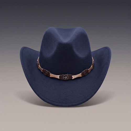 Chapeau de cowboy en feutre bleu marine, bandeau à conchos étoile, vu de face