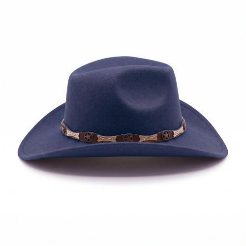 Chapeau de cowboy en feutre bleu marine, vu de profil