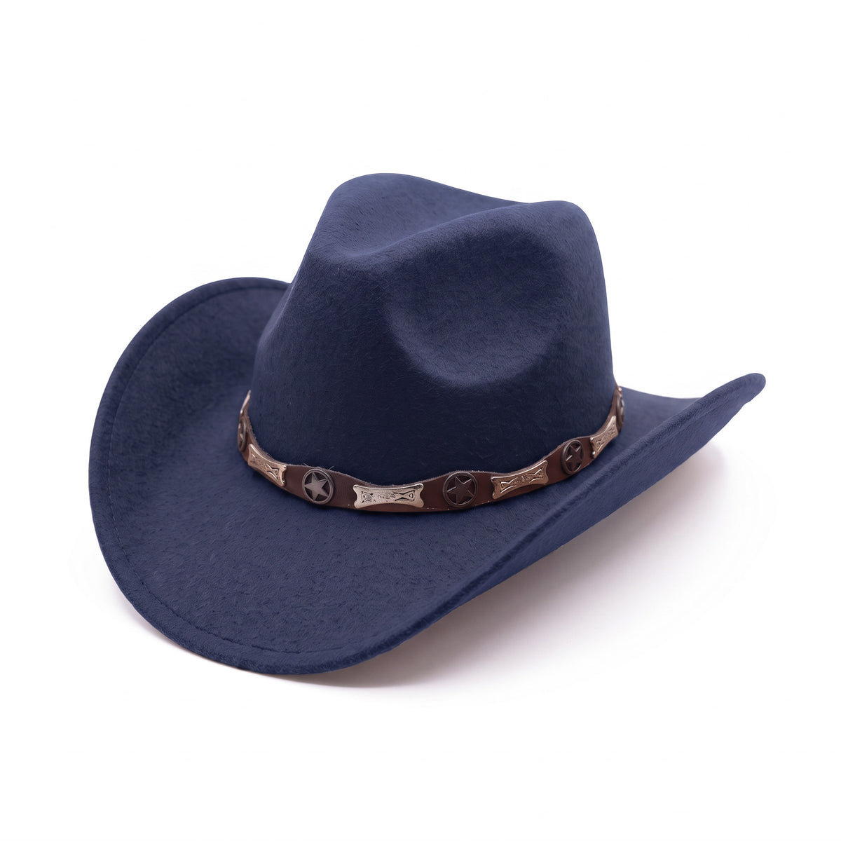 Chapeau de cowboy en feutre bleu marine, vu de trois quarts