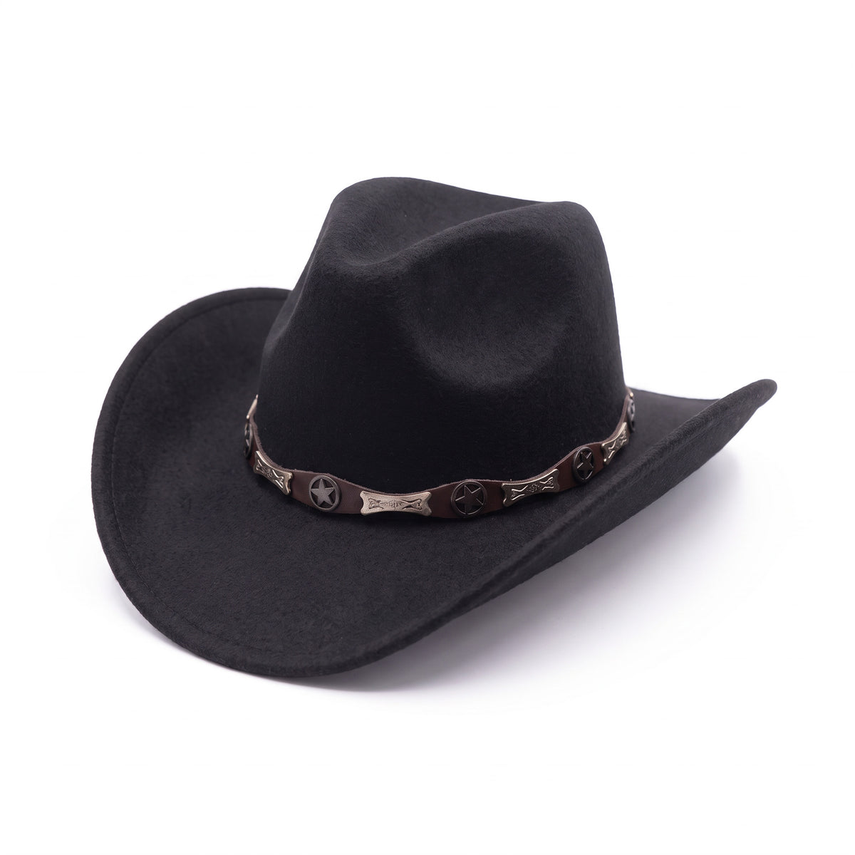 Chapeau de cowboy en feutre noir, vu de trois quarts