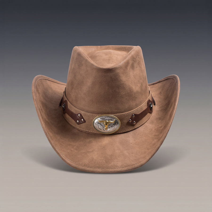 Chapeau de cowboy Rancher brun noisette à finition veloutée, concho longhorn, vu de face