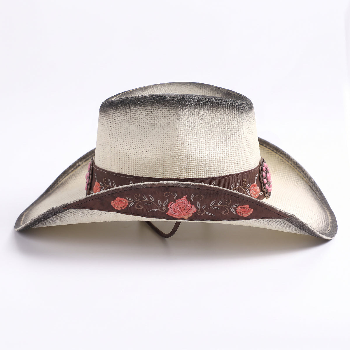 Chapeau de cowboy Rosalia en paille blanche patinée, vu de profil