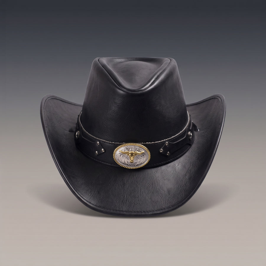 Chapeau de cowboy Mustang noir, concho longhorn doré, vu de face