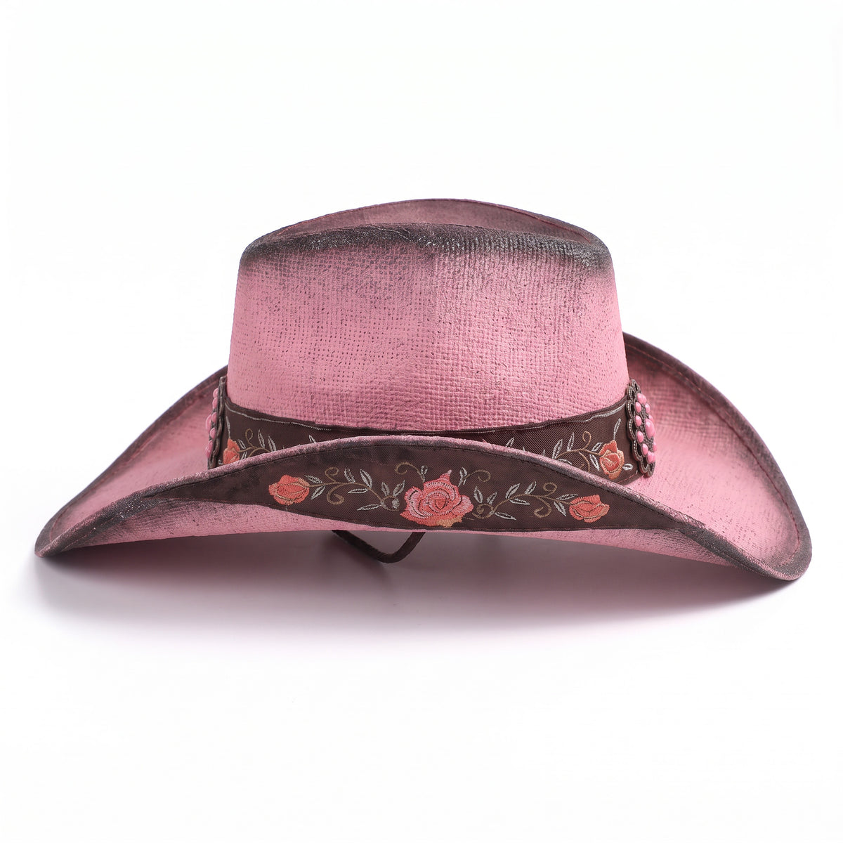 Chapeau de cowboy Rosalia en paille rose patinée, vu de profil