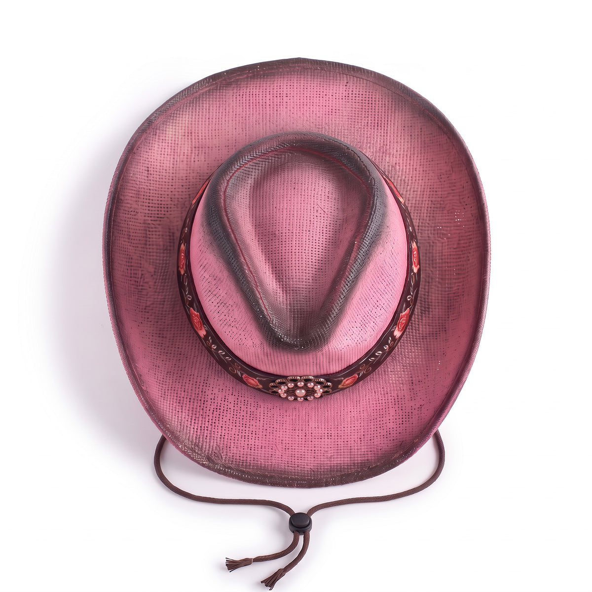 Chapeau de cowboy Rosalia en paille rose patinée, vu de dessus