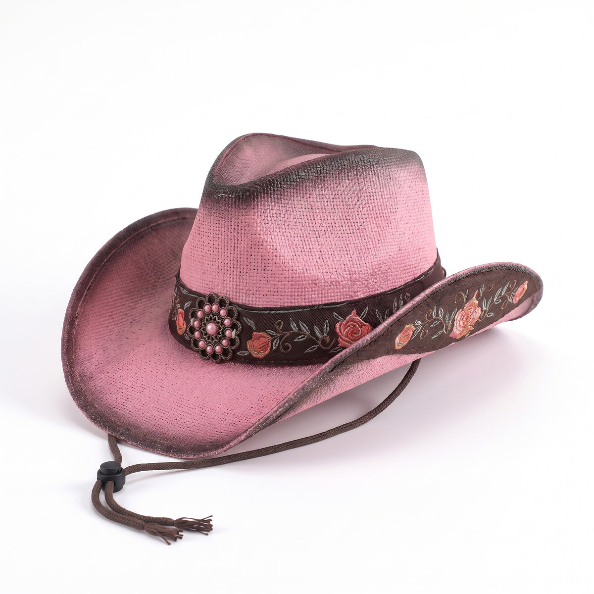 Chapeau de cowboy Rosalia en paille rose patinée, vu de trois quarts