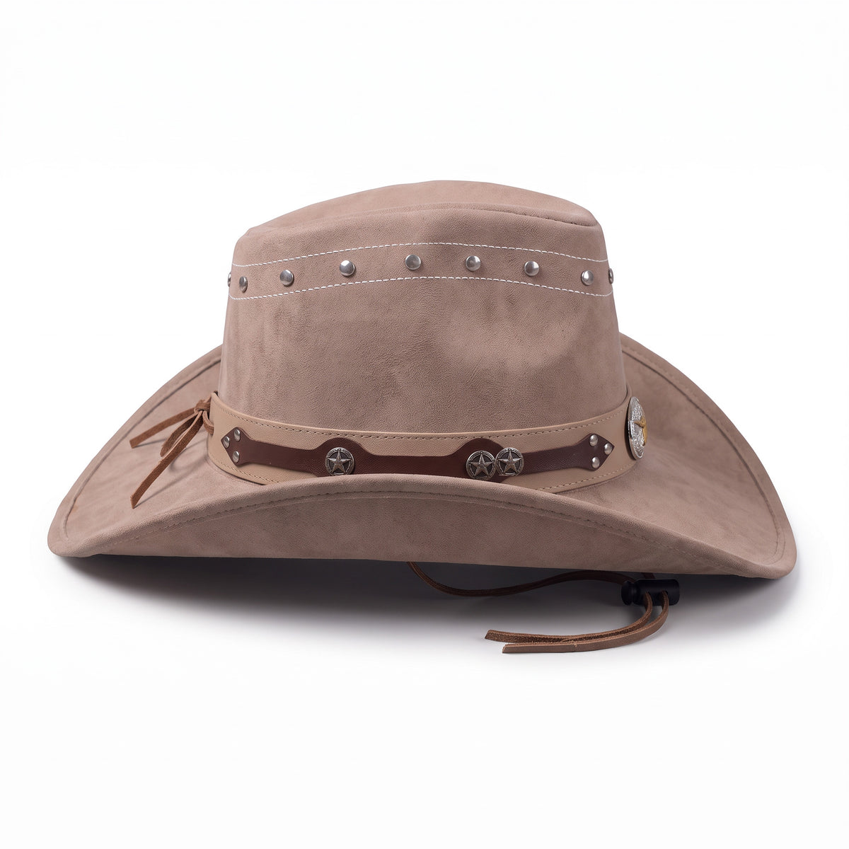 Chapeau de cowboy Denver taupe à finition veloutée, vu de profil avec son cordon de maintien