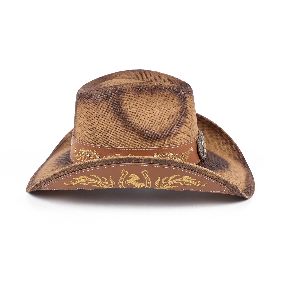 Chapeau de cowboy Rodéo en paille à patine brun foncé, vu de profil, dessous du bord décoré