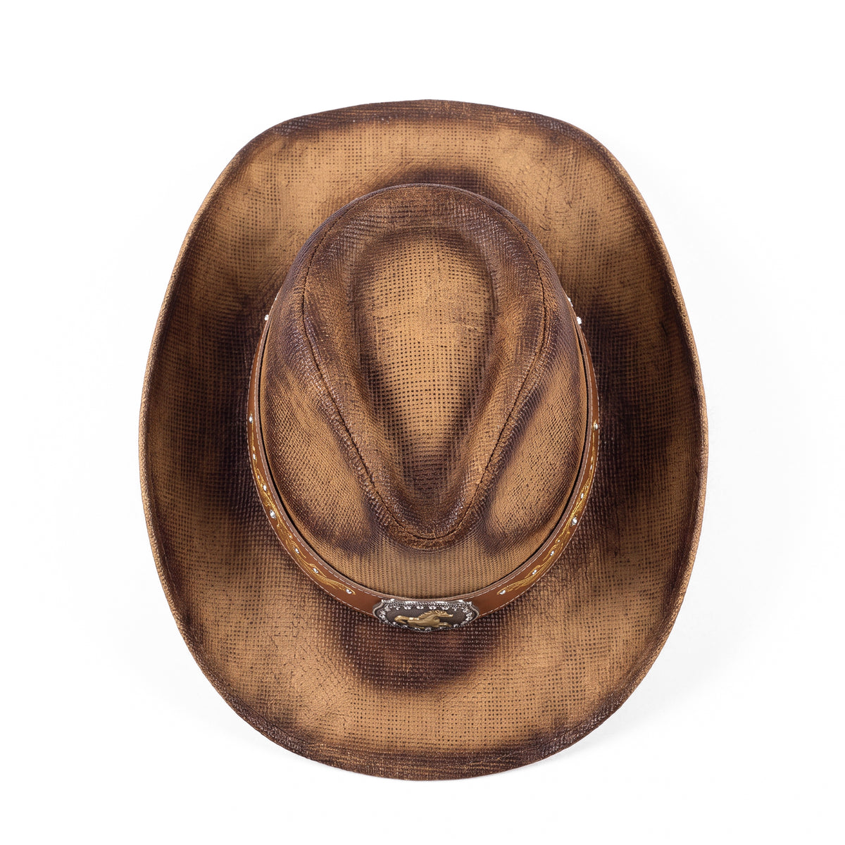 Chapeau de cowboy Rodéo en paille à patine brun foncé, vu de dessus