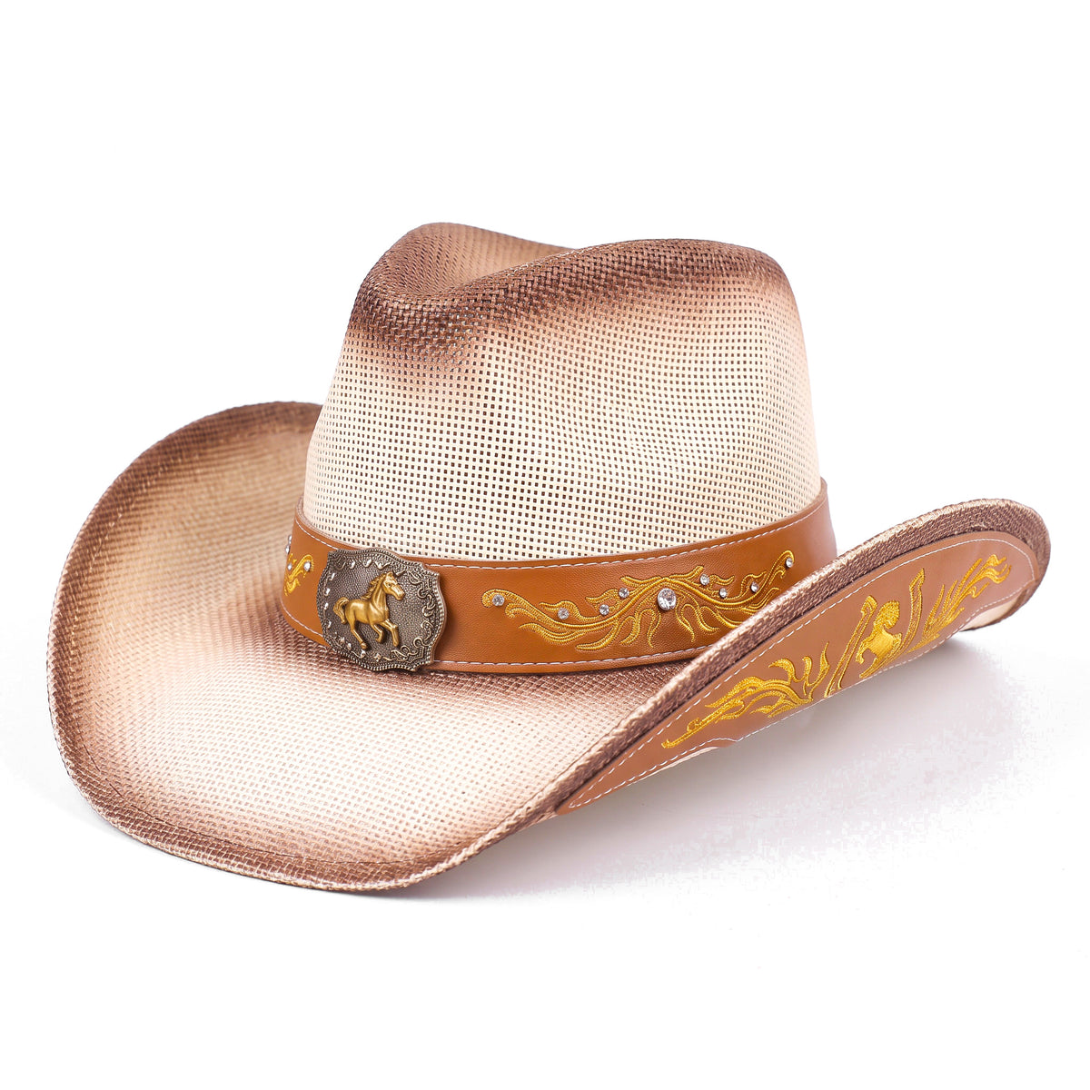 Chapeau de cowboy Cavalier en paille écrue patinée, vu de trois quarts