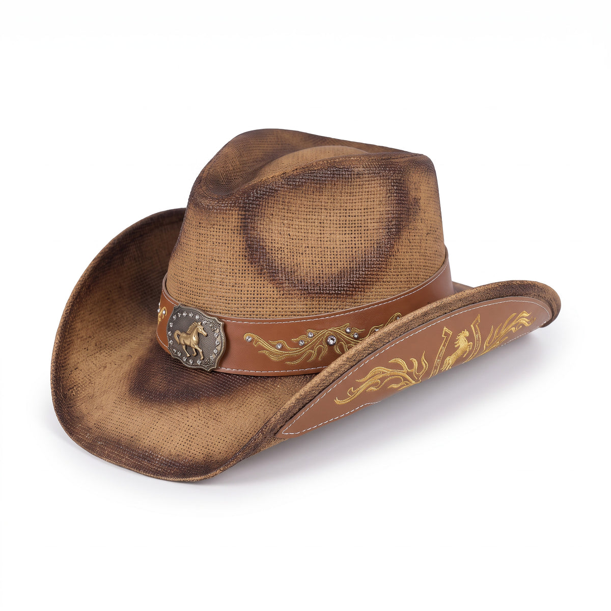 Chapeau de cowboy Rodéo en paille à patine brun foncé, vu de trois quarts