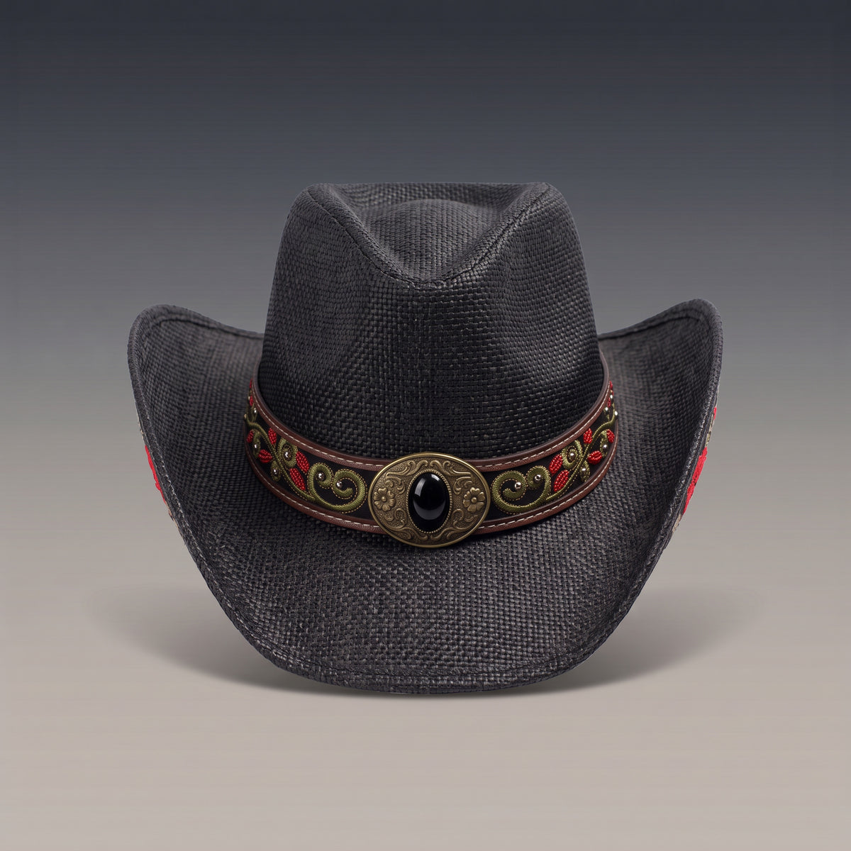 Chapeau de cowboy Blackstone en paille noire, bandeau fleuri et concho à pierre noire, vu de face