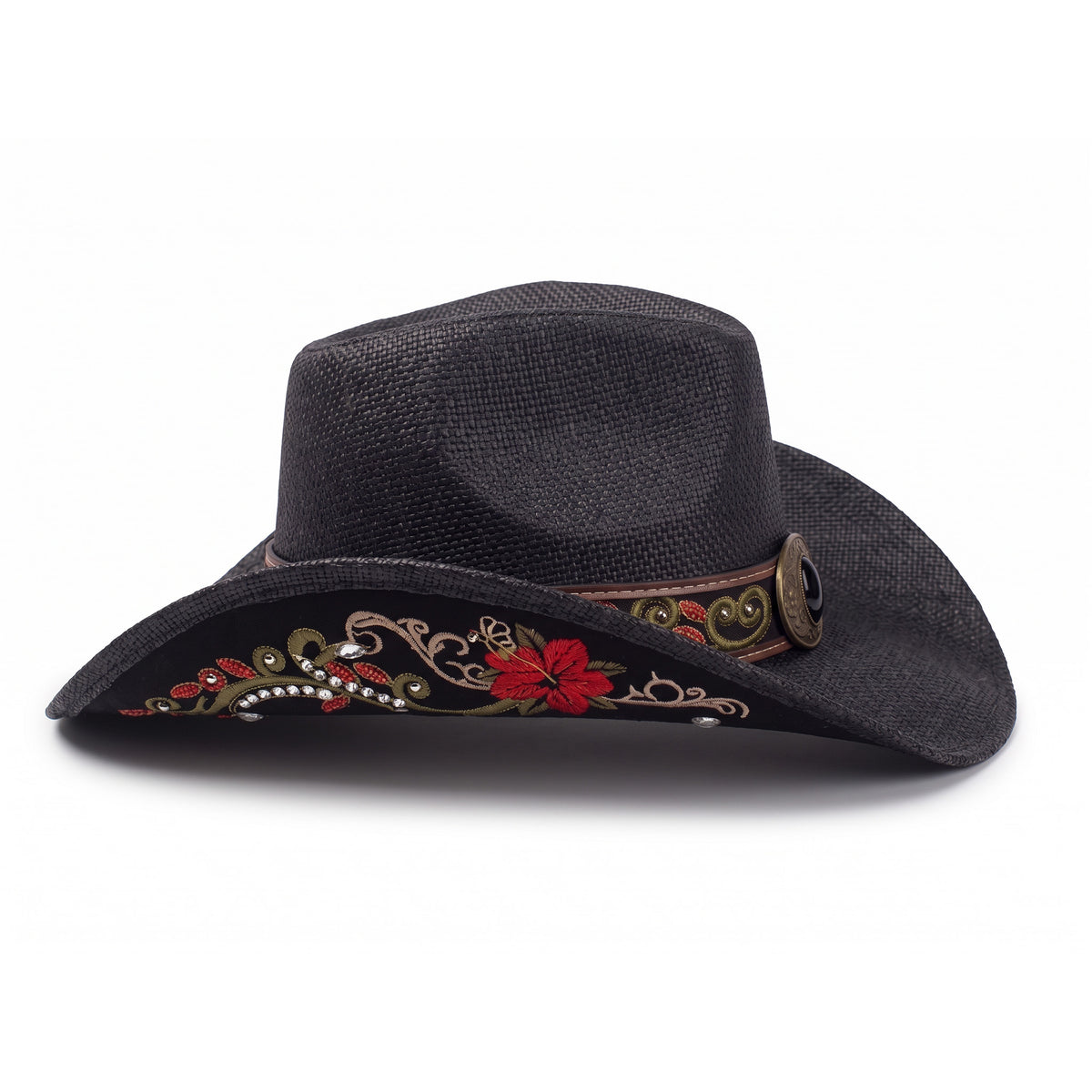 Chapeau de cowboy Blackstone en paille noire, vu de profil, dessous du bord brodé de fleurs
