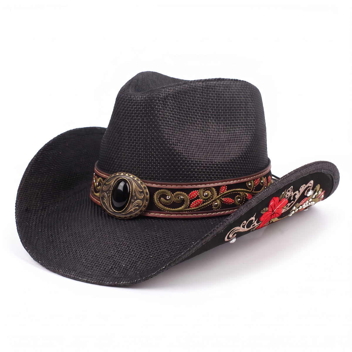 Chapeau de cowboy Blackstone en paille noire, vu de trois quarts