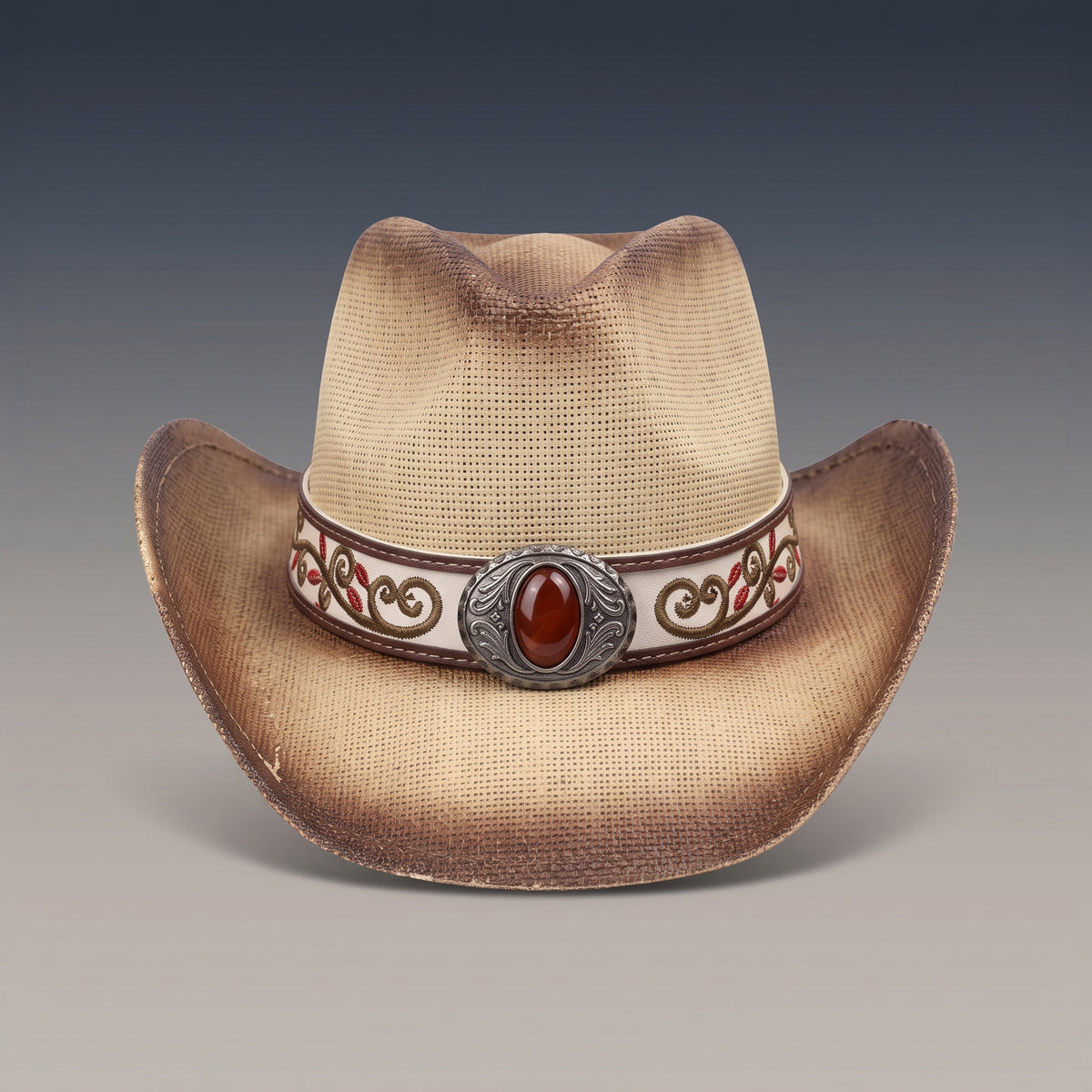 Chapeau de cowboy Santa Rosa en paille claire patinée, bandeau fleuri à pierre rouge, vu de face