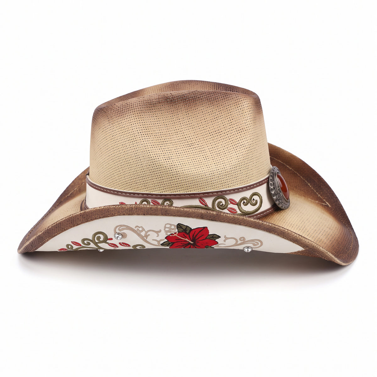 Chapeau de cowboy Santa Rosa en paille claire patinée, vu de profil, dessous du bord brodé d'hibiscus