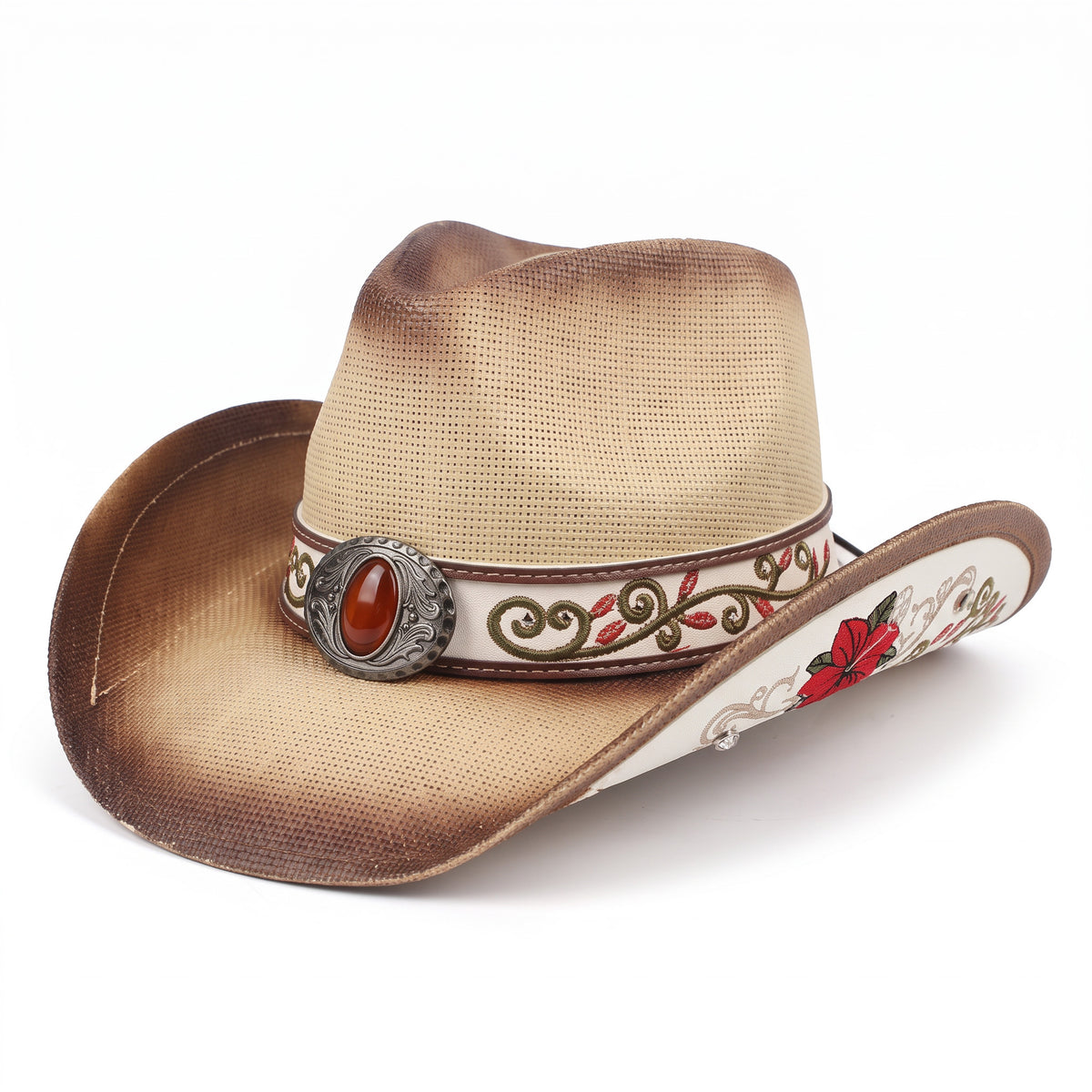 Chapeau de cowboy Santa Rosa en paille claire patinée, vu de trois quarts