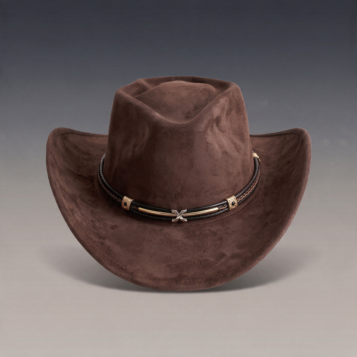Chapeau de cowboy Tennessee brun à finition veloutée, fin bandeau tressé, vu de face