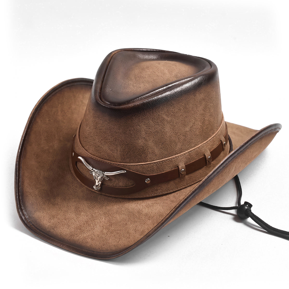 Chapeau de cowboy Maverick brun à patine acajou, vu de trois quarts