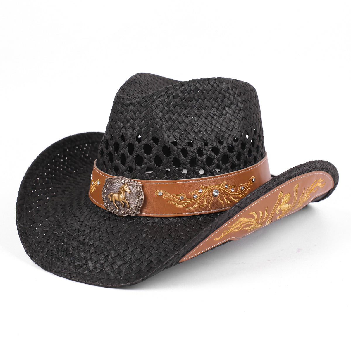 Chapeau de cowboy Desperado en paille noire ajourée, vu de trois quarts