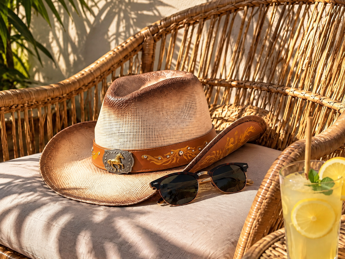 Chapeau de cowboy en paille posé sur un fauteuil en rotin au soleil