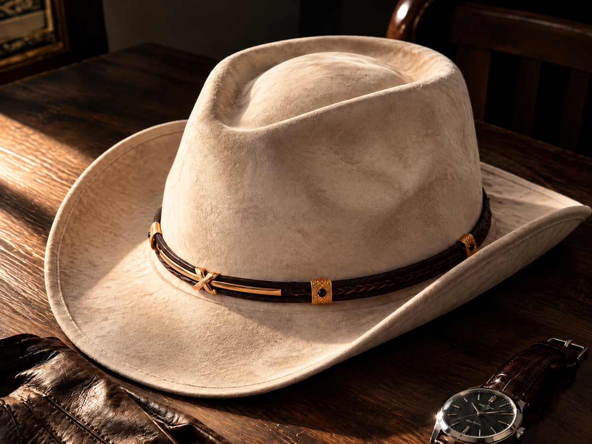 Chapeau de cowboy en feutre crème posé sur une table en bois